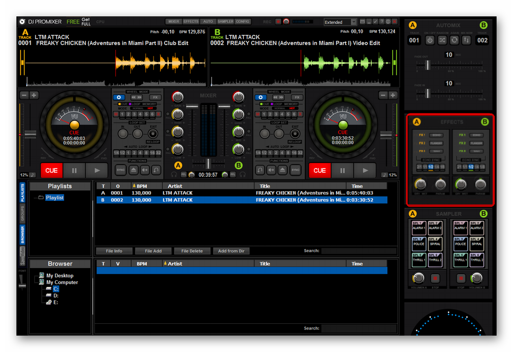 Возможность наложения различных эффектов на музыкальные дорожки в DJ ProMixer